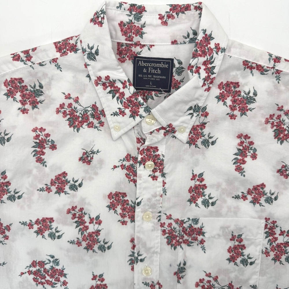 Abercrombie & Fitch Shirt Mens L White Red Floral Short Sleeve Button Down 5794